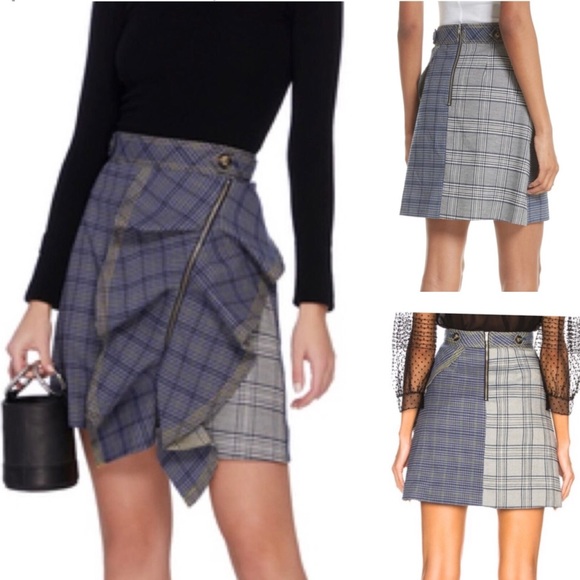 Self-Portrait Ruffle Plaid Blue Full Zip Asymmetric Flounce Mini Skirt - Picture 1 of 11